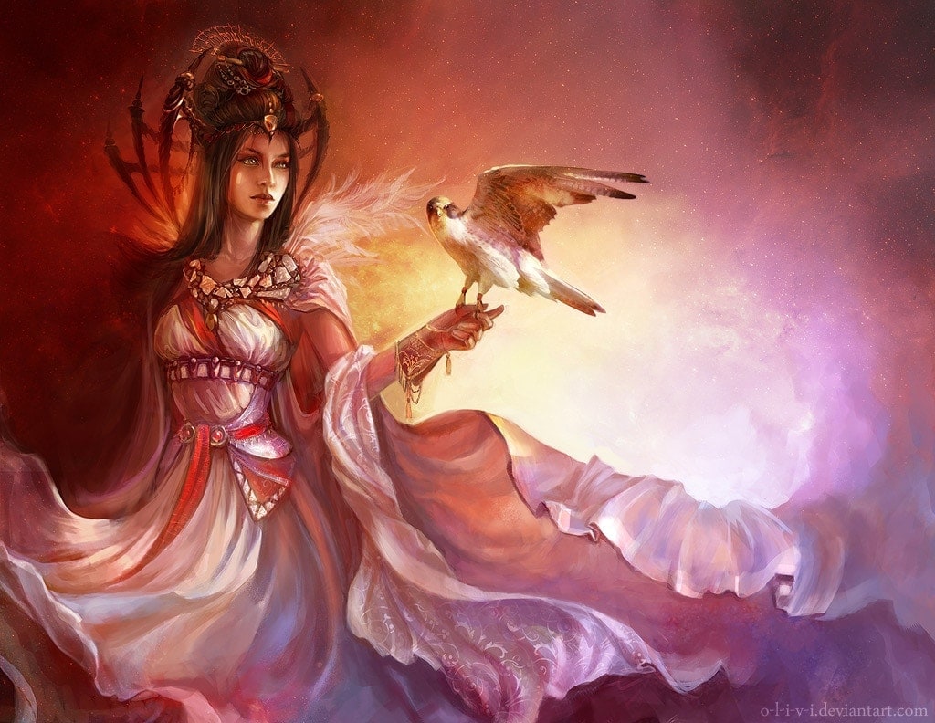 female goddess with hawk