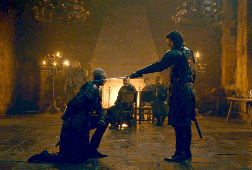 The knighting scene from Game of Thrones season 8 when Jamie Lannister knights Brienne of Tarth