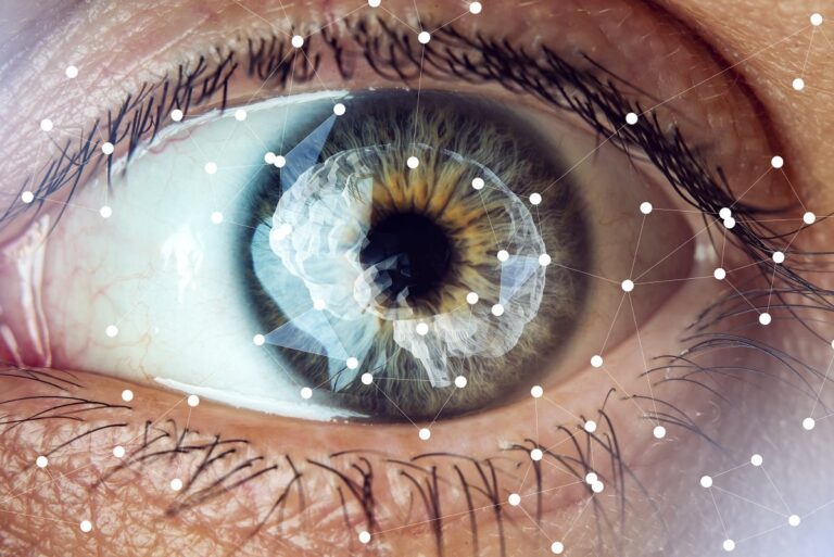 The human eye with the image of the brain in the pupil. Concept of artificial intelligence
