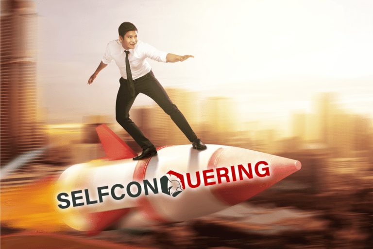 business man flying rocket selfconquering