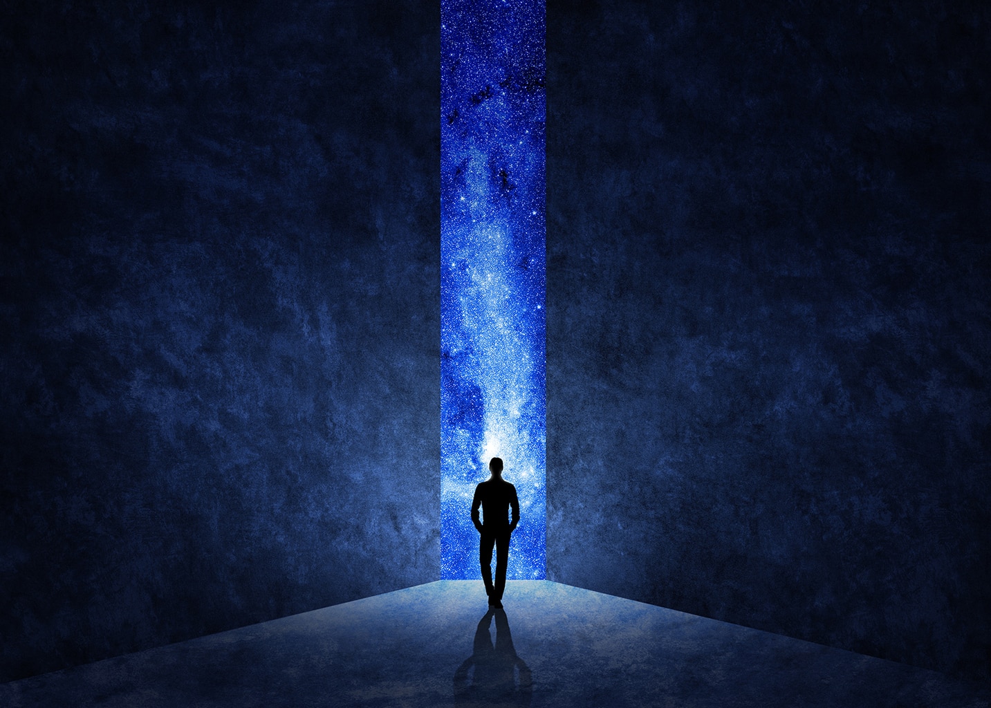 man stepping into the door to the universe